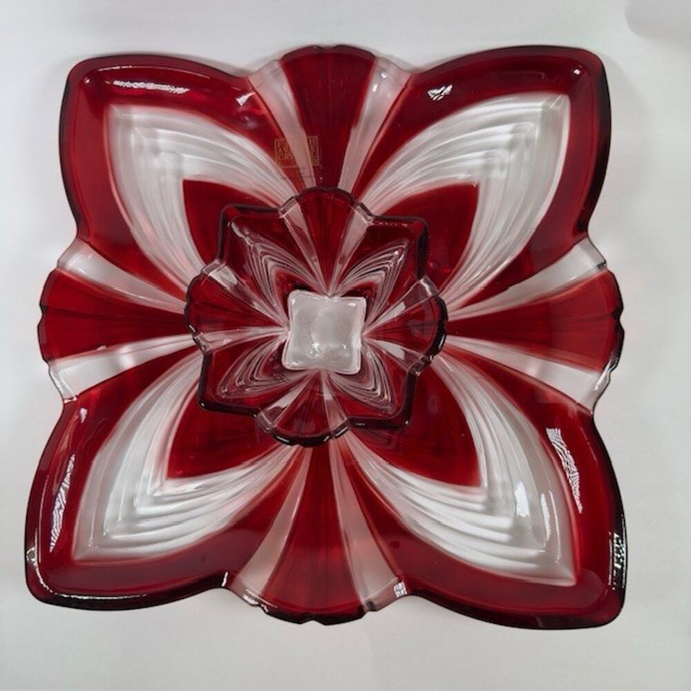 Fifth Avenue Crystal LTD, Ruby Red Chip & Dip Plate Art Glass Set Japan VTG